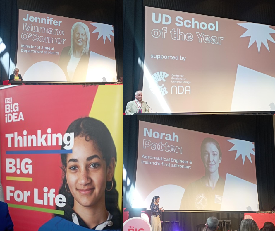 Top left image of Jennifer Murnane O'Connor presenting, top right image of Dr. Ger Craddock presenting the UD School of the Year award, Bottom left a poster of the Big Idea, bottom right shows an image of Dr. Norah Patten giving her presentation.