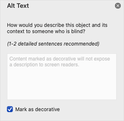 The "Alt Text" pane with "Mark as decorative" checked so that its decorative nature can be accurately conveyed to screen readers.