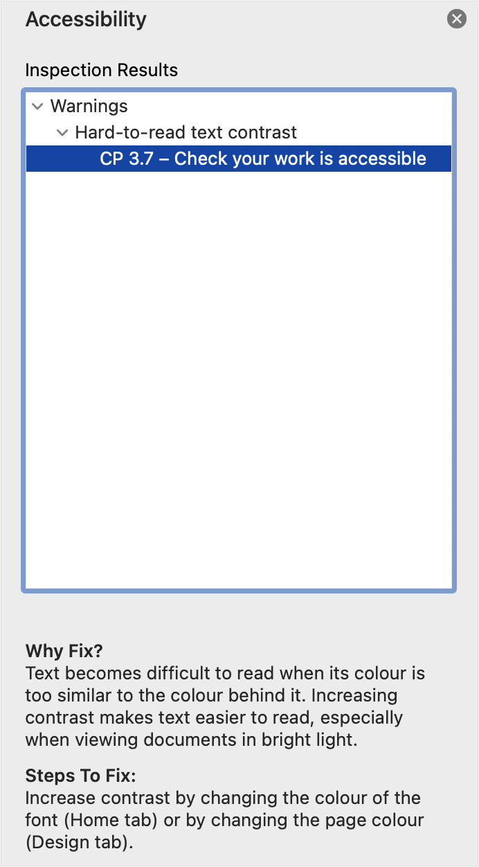 The "Accessibility" pane with one warning - "Hard-to-read text contrast". The warning has been expanded to show the area that has an issue, and the issue has been selected. Below the issues there are two paragraphs of text, titled "Why Fix?" and "Steps To Fix".