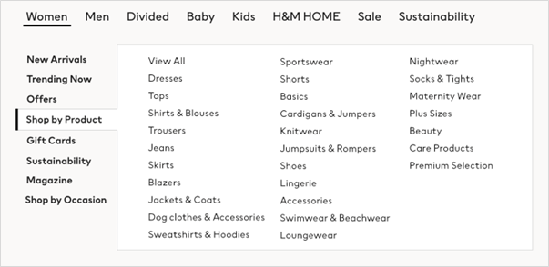 Two-parent flyout navigation for a shop which exposes two levels of navigation; the third level is chosen by user. Only 47 individual links are exposed as the unsleceted third level menus are hidden.