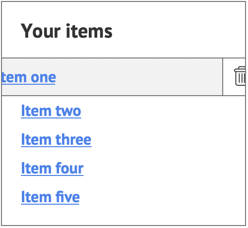 A list of items; none of the items has a 'delete' link. The only way to delete an item is to 'swipe' it.