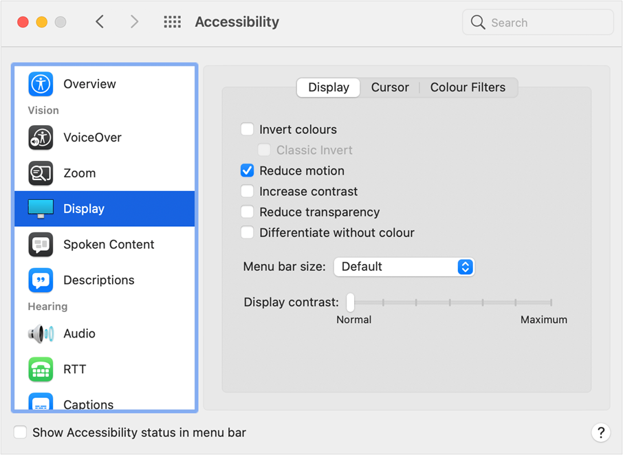 A screenshot of the Mac OS Accessibility settings in System Preferences. On the Display section the 'Reduce motion' checkbox has been checked.