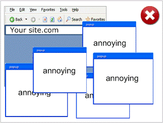 Poor: a browser window with five popup windows appearing over it, masking the page