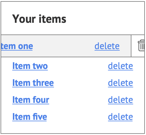 A list of items; each item has a 'delete' link next to it.