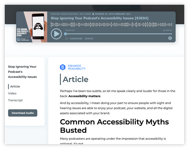 Screenshot of a podcast webpage. The podcast player is at the top fo the screen. There is a menu on the left of the page with links to 'Article', 'Video' and 'Transcript'.