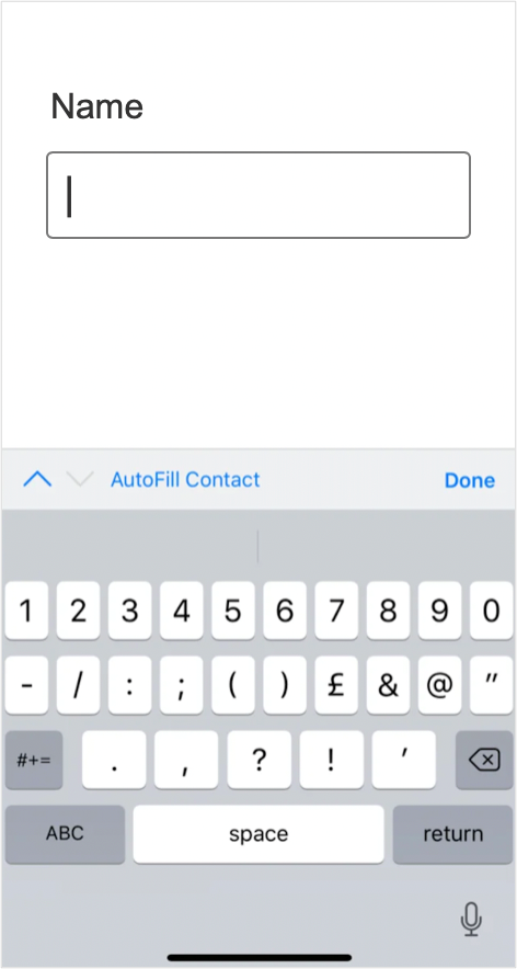 Mobile screen with a "Name" input. The default keyboard is displayed.