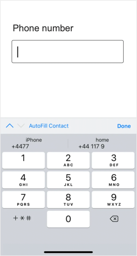 Mobile screen with a "Phone number" input. The numeric keyboard is displayed.