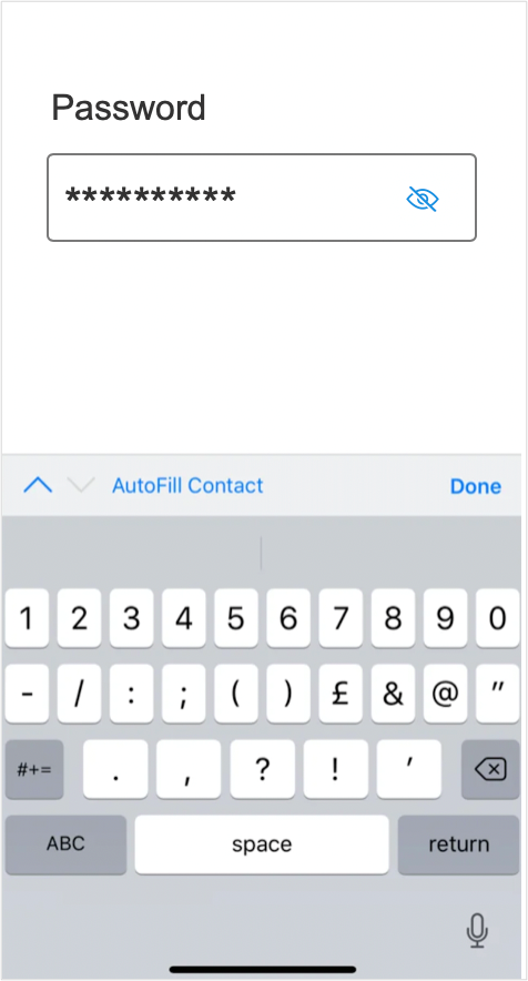 Mobile screen with a "Password" input. The characters in the input field are masked.
