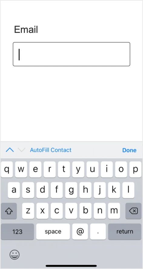 Mobile screen with a "Email" input. The email keyboard is displayed.