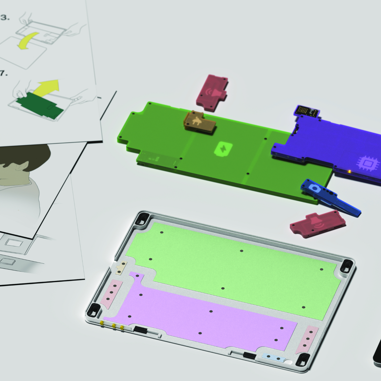 Image of the parts of a disassembled tablet