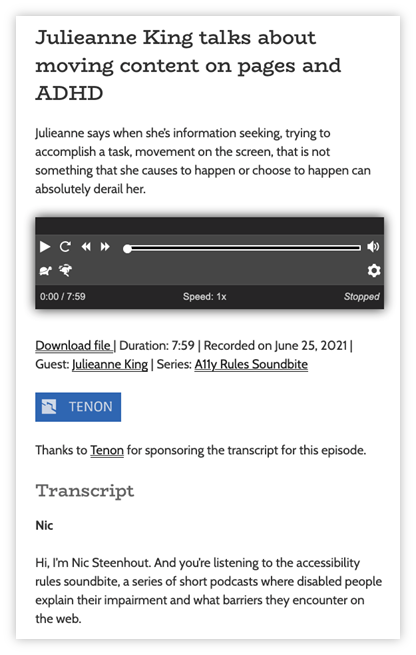 Screenshot of a podcast webpage. The podcast player is at the top of the screen. Below it is a heading of "Transcript". A script starts beneath the heading.