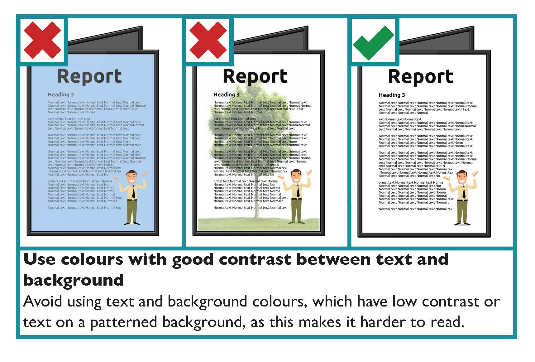 The image shows three examples of contrast between text and background colours. Avoid using text and background colours or patterns which have low contrast between the text and background