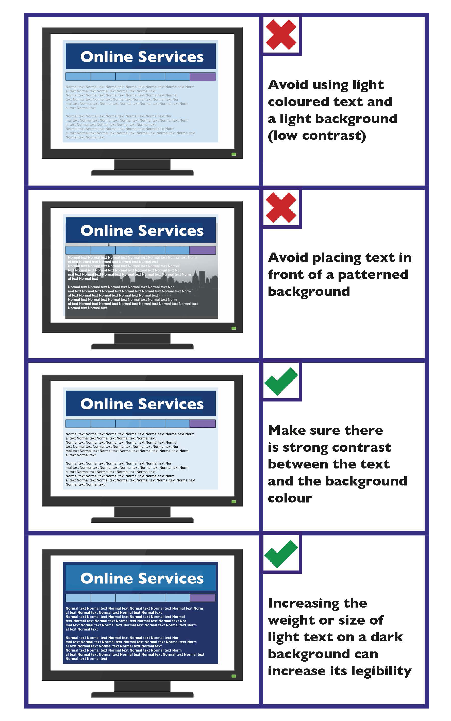 Image showing webpages with good and bad colour contrast. Text in the image reads, avoid using light coloured text and a light background and avoid placing text in front of a patterned background. Make sure there is a strong contrast between the text and the background colour and increase the weight or size of light text on a dark background to make it easier to read.