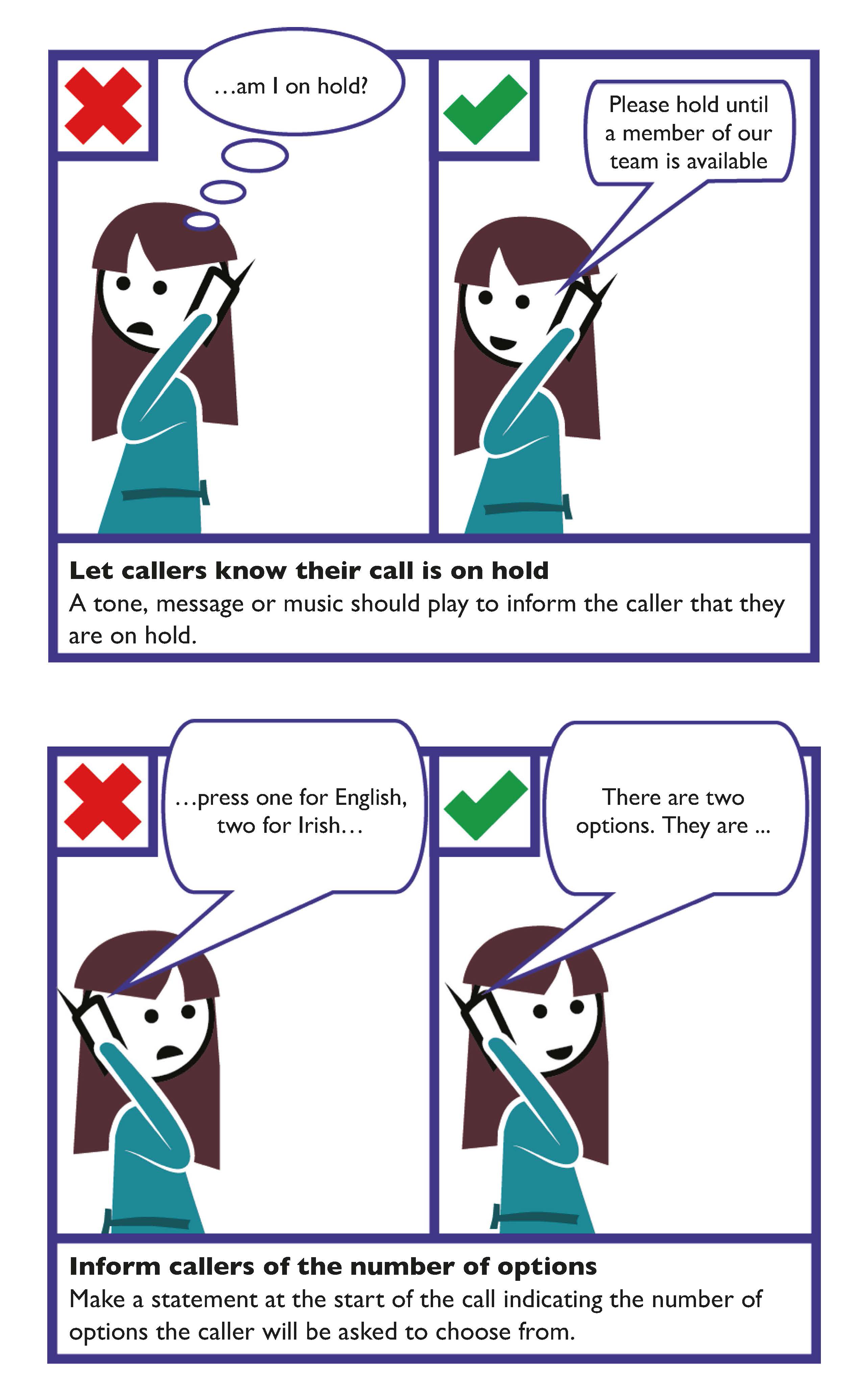Telephone callers - informs callers of the number of options. Make a statement at the start on the call indicating the numbers of options the caller will be asked to choose from.