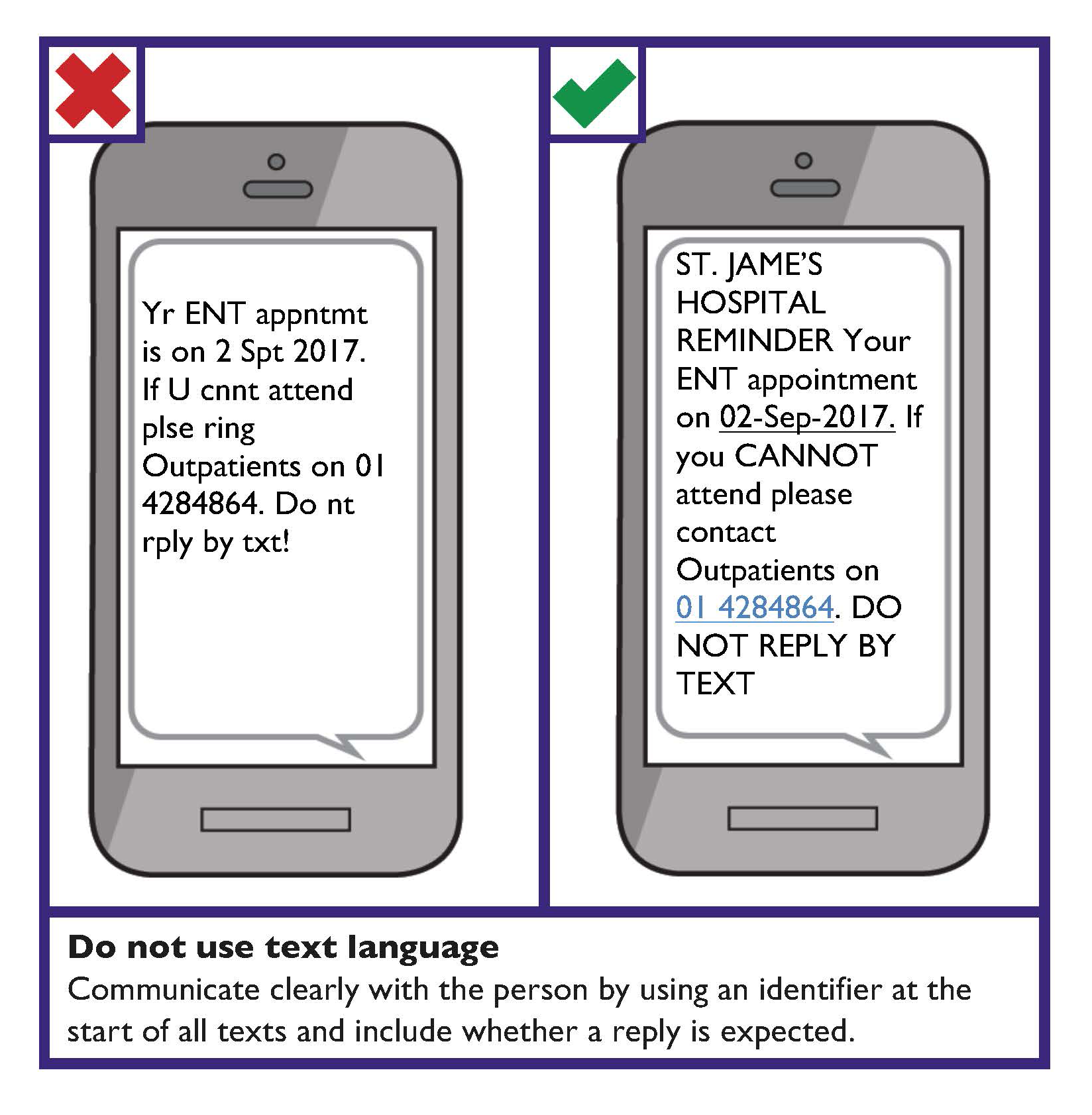 Do not use text language. Communicate clearly with the person by using an identifier at the start of all texts and include whether a reply is expected.