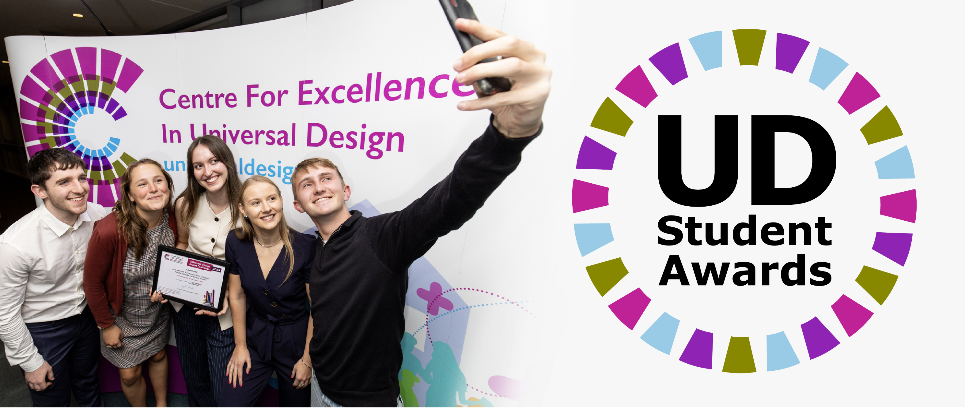 On the left is a team of five students taking a selfie with their prize at the competition and on the right is the UD student awards logo