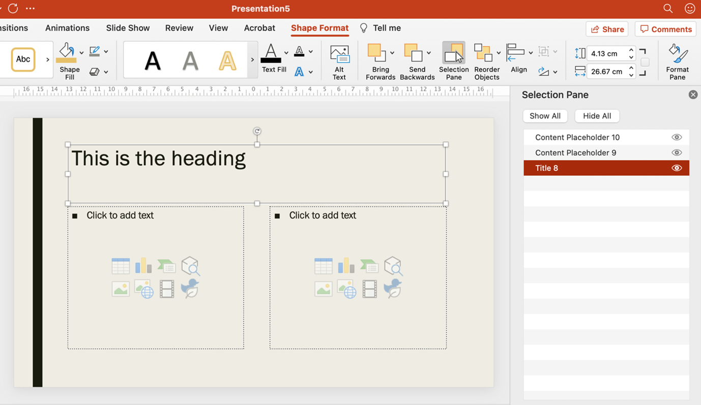 The PowerPoint application with the selection pane open, showing an ordered list of every object and highlighting the currently selected object.