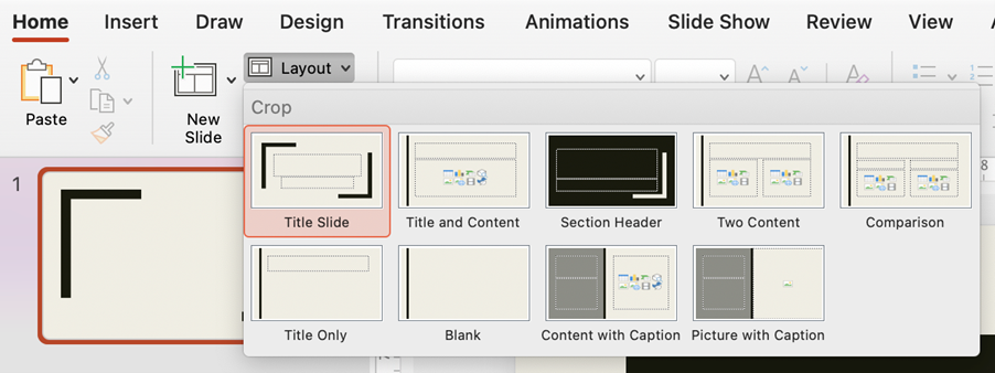 The layout menu, with various slide layout options, in the ribbon at the top of Microsoft PowerPoint