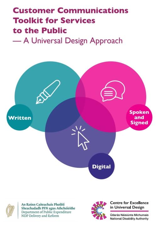 Cover of Customer Communications Toolkit with title; Customer Communications Toolkit for Services to the Public and Department of Public Expenditure NDP Delivery and Reform and CEUD's and NDA's logo