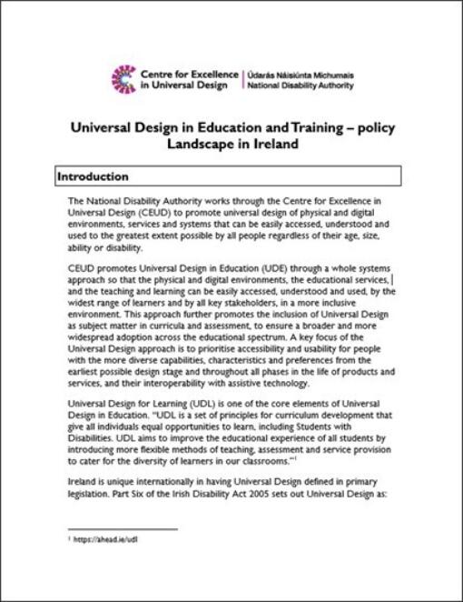 Cover page of Universal Design in Education and Training – Policy Landscape in Ireland