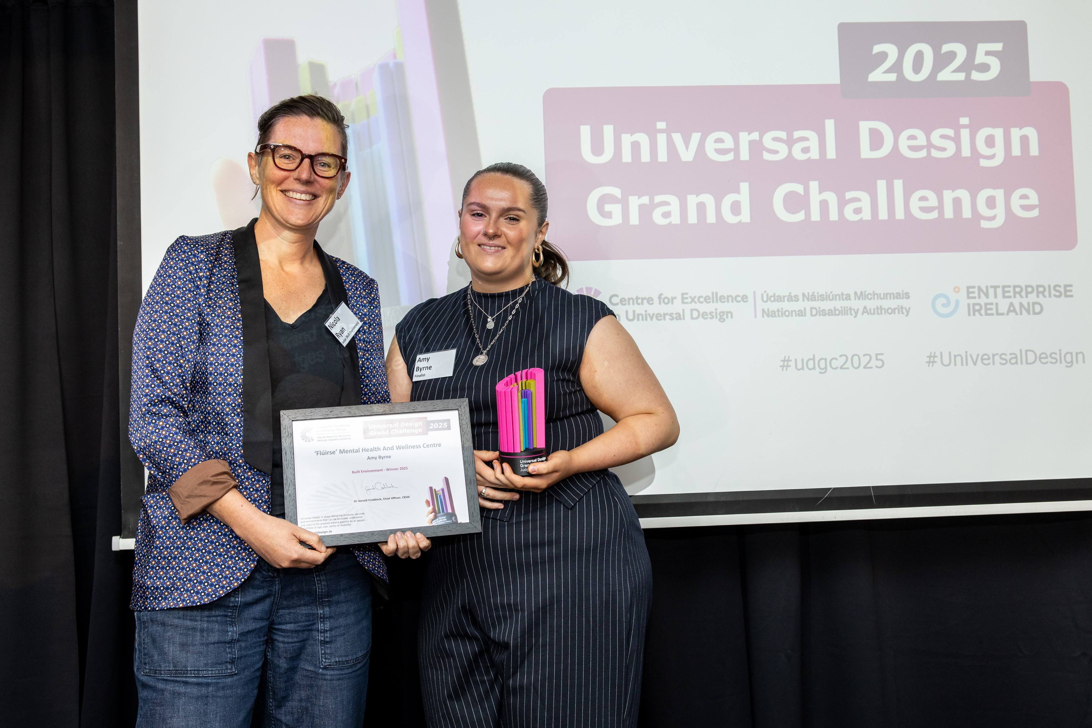 Nicola Ryan and Amy Byrne on stage with the Award