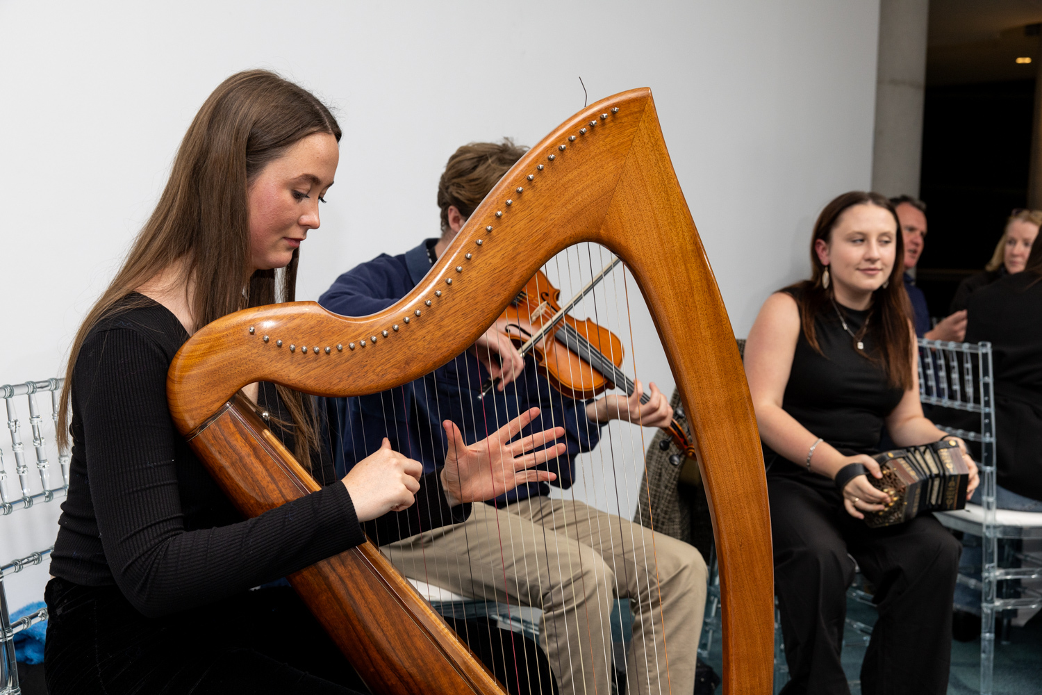 Musicians playing a harp, fiddle and concertina